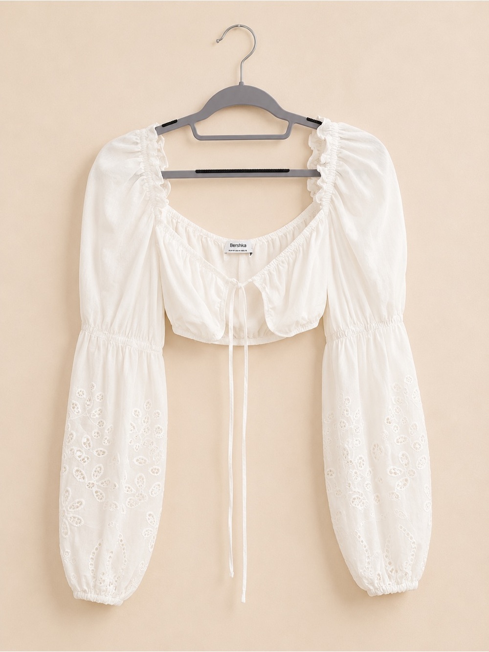 Bershka Cream Eyelet Puff-Sleeve Drawstring Crop Top